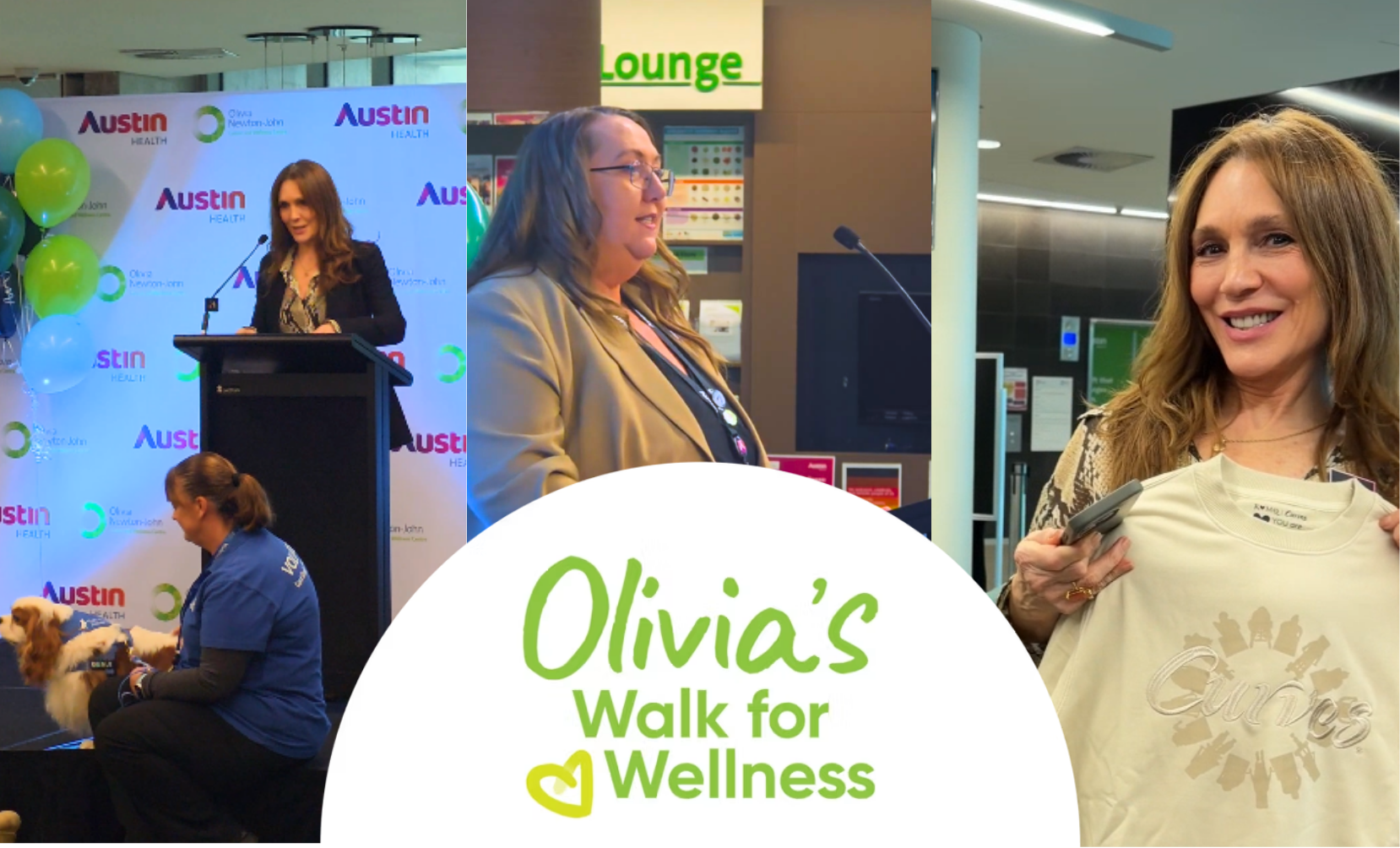 A collage of scenes from Olivia’s Walk for Wellness launch, featuring ambassador Tottie Goldsmith speaking at the podium, another event speaker at a microphone, and Tottie Goldsmith holding a Curves t-shirt, tied together by the official event logo in the center.