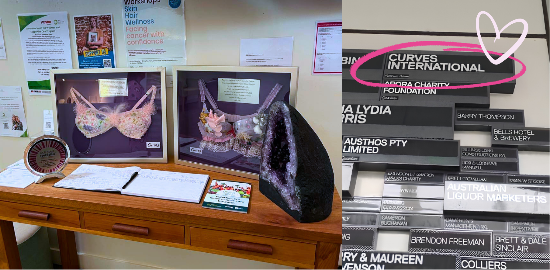 Split image showing Curves' presence at the ONJ Centre: on the left, a display of framed decorated contest bras on a wooden table; on the right, a donor wall highlighting a plaque for Curves International circled in pink.