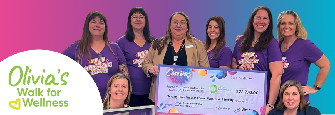 A promotional banner for Olivia's Walk for Wellness featuring the Curves team. On the left, a large white circular logo reads "Olivia's Walk for Wellness" in green text. The main image shows a group of smiling Curves women holding a giant promotional fundraising cheque of ,770 made out to the Olivia Newton-John Cancer and Wellness Centre. The background is a vibrant pink, purple, and blue gradient.