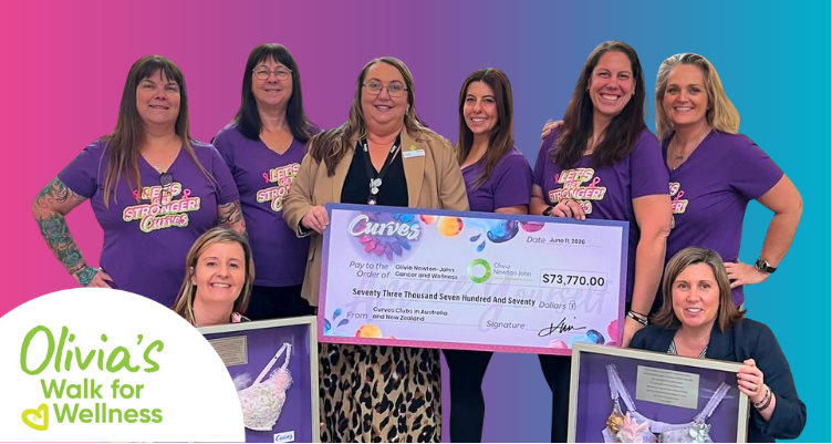 A promotional banner for Olivia's Walk for Wellness featuring the Curves team. On the left, a large white circular logo reads "Olivia's Walk for Wellness" in green text. The main image shows a group of smiling Curves women holding a giant promotional fundraising cheque of ,770 made out to the Olivia Newton-John Cancer and Wellness Centre. The background is a vibrant pink, purple, and blue gradient.