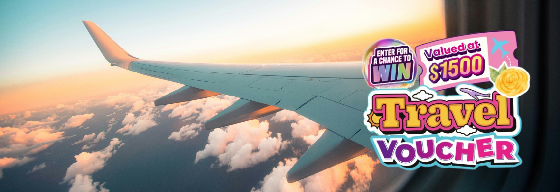 An airplane wing flying above a blanket of clouds during a sunset, with overlapping promotional graphics reading "Enter for a chance to win," "Valued at 00," and "Travel Voucher."If you would like, let me know:If you want a shorter version for specific website buildersIf you need a separate version tailored for the Australian site (,300 AUD)If you have more images from this promotion that need tagsI can adjust the alt text to keep your site perfectly accessible.