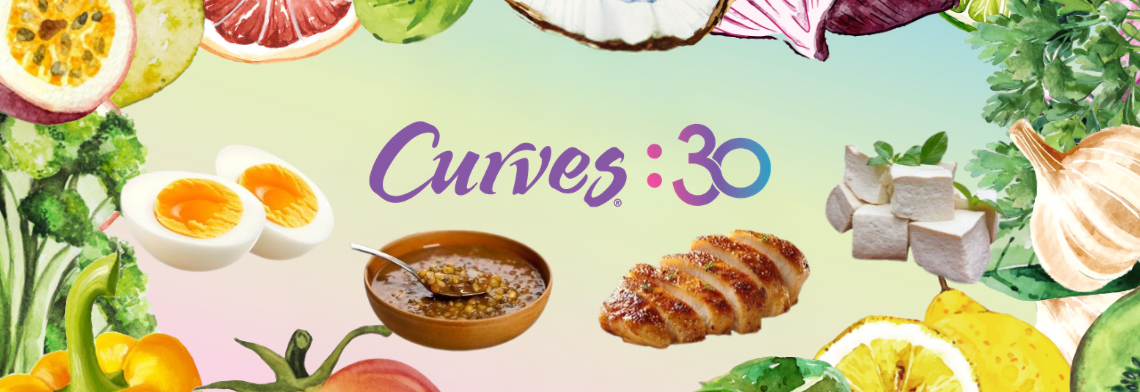 Curves:30 website header banner featuring the brand logo surrounded by healthy whole foods including hard-boiled eggs, lentils, grilled chicken breast, and cubed tofu.