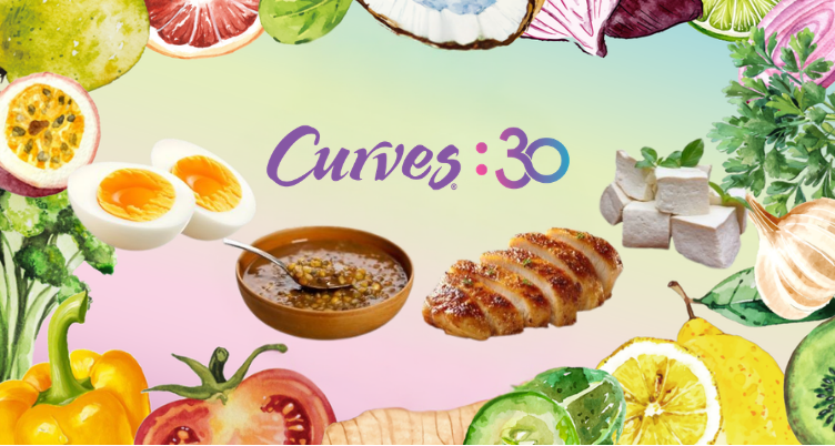 Curves:30 website header banner featuring the brand logo surrounded by healthy whole foods including hard-boiled eggs, lentils, grilled chicken breast, and cubed tofu.