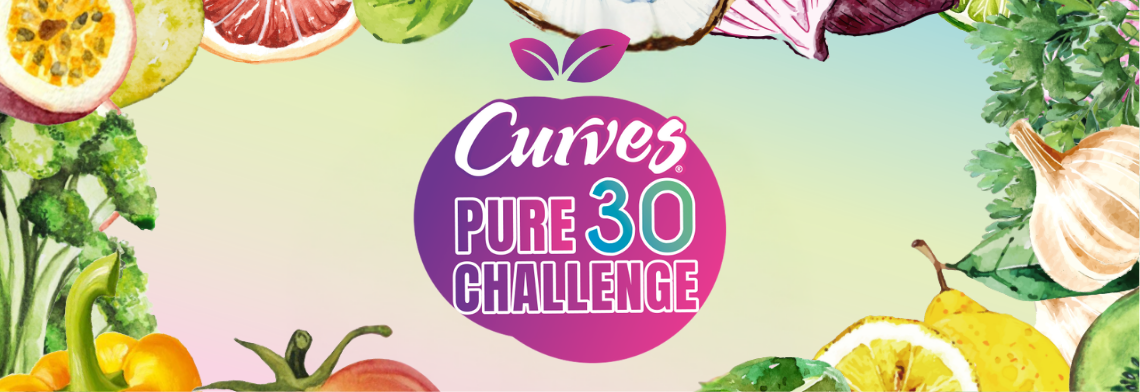 Curves Pure 30 Challenge logo centered on a colorful gradient background framed by watercolor fruits and vegetables.