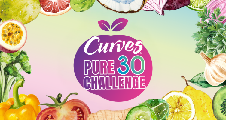 Curves Pure 30 Challenge logo centered on a colorful gradient background framed by watercolor fruits and vegetables.