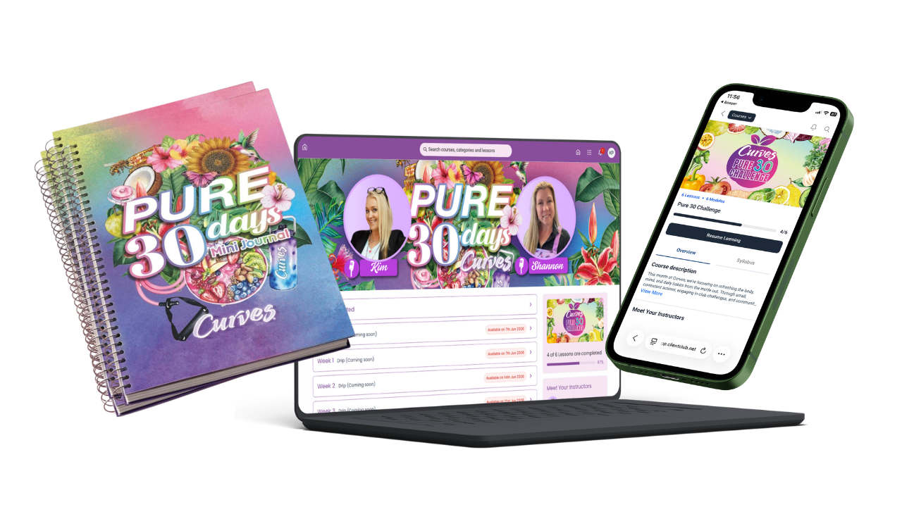 A mockup showing the Curves Pure 30 Challenge digital portal on a laptop and smartphone alongside a printed spiral-bound Mini Journal.