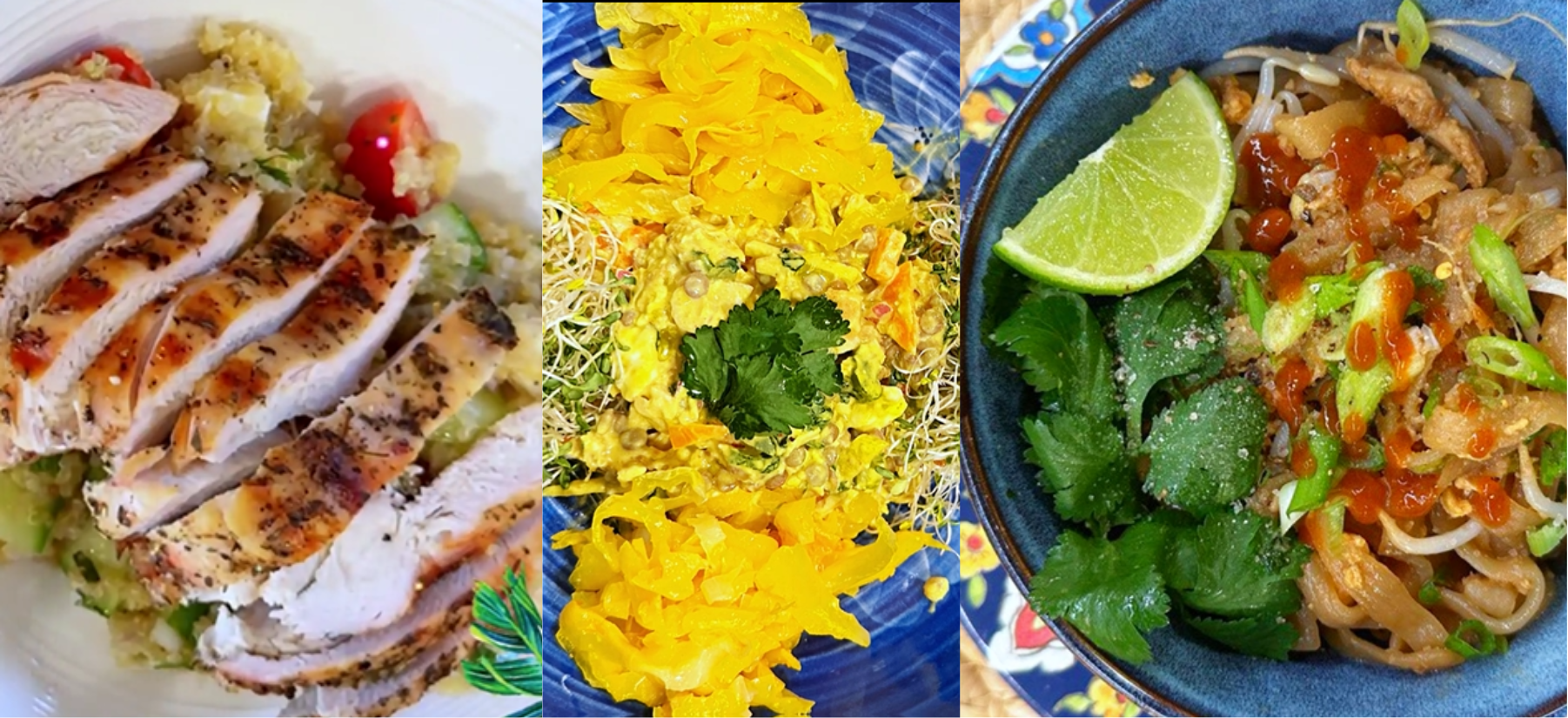 Three healthy meals from the Curves Pure 30 Challenge, including sliced grilled chicken breast with vegetables, a vibrant yellow turmeric salad, and a fresh stir-fry noodle bowl with herbs and lime.
