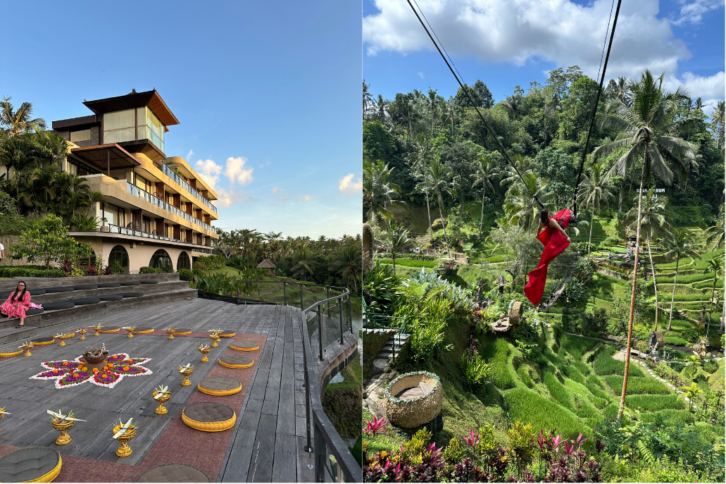 A peaceful outdoor deck at Soulshine Ubud prepared with a flower mandala ceremony. Right: A woman soaring high on a terraced jungle swing in a striking red dress at the Curves Bali Retreat.