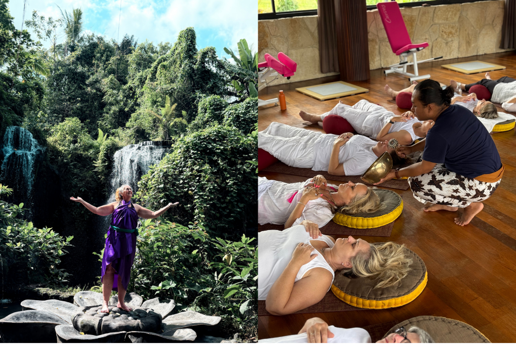 A woman in a purple sarong with arms open at a sacred temple waterfall. Right: Retreat guests experiencing an emotional sound healing therapy session with a Balinese healer during the Curves Bali Retreat.