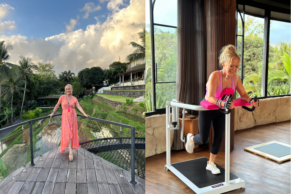 Kim McQueen overlooking lush rice terraces in a coral dress. Right: Kim smiling while working out on a strength training circuit machine during the Curves Bali Retreat.