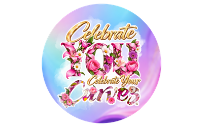 A circular graphic with a pastel blue and pink cloud-like background. The stylized gold and pink text reads 