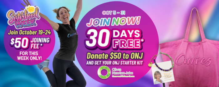 Promotional horizontal banner for Curves. Left side features a woman in a black Curves shirt jumping joyfully in front of a purple circle that reads 