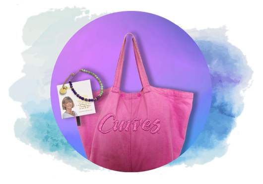 A circular graphic against a blue and purple gradient background showcasing the Curves and Olivia Newton-John starter kit items. Features a large pink canvas tote bag embroidered with the 