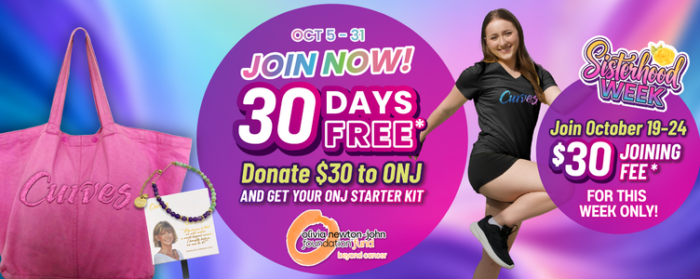 Promotional horizontal banner for Curves. Left side features a pink Curves tote bag and an Olivia Newton-John beaded bracelet starter kit. Center text inside a large purple circle reads 
